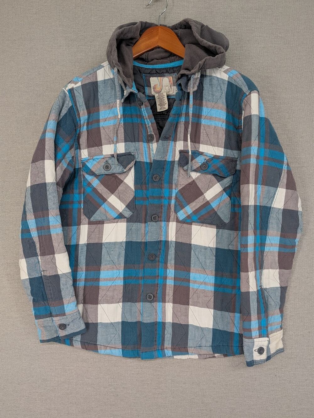 Ocean Pacific OP Quilted Hooded Flannel Shirt Jacket Medium Lined Blue